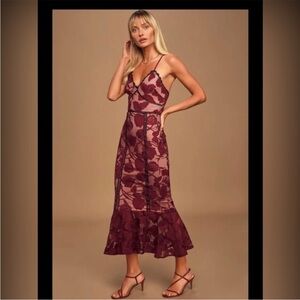 NWT Lulus Alluring Dream Burgundy Floral Mesh Lace Trumpet Midi Dress- Medium